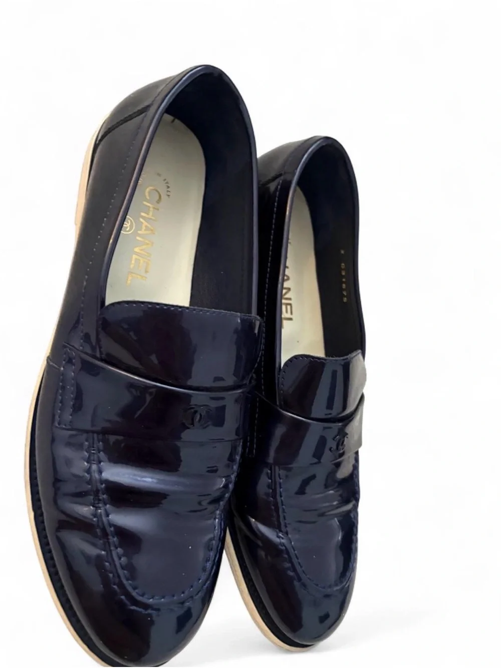 CHANEL Patent Navy Blue Loafers